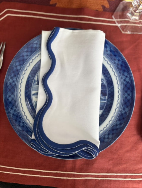 Scalloped White Cotton Napkins Blue Edge (set of 5)