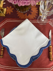 Scalloped White Cotton Napkins Blue Edge (set of 5)