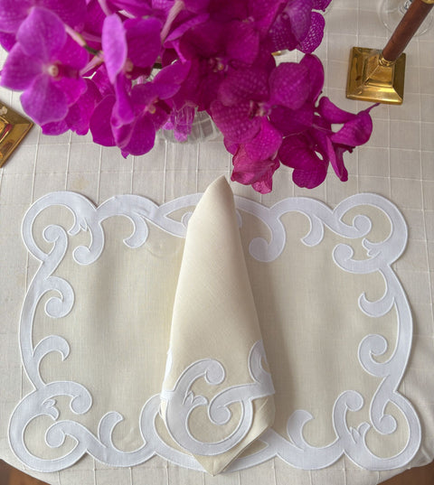Audrey Limited Edition Linen Appliqué Placemats & Dinner Napkins (8 sets/16 pieces)